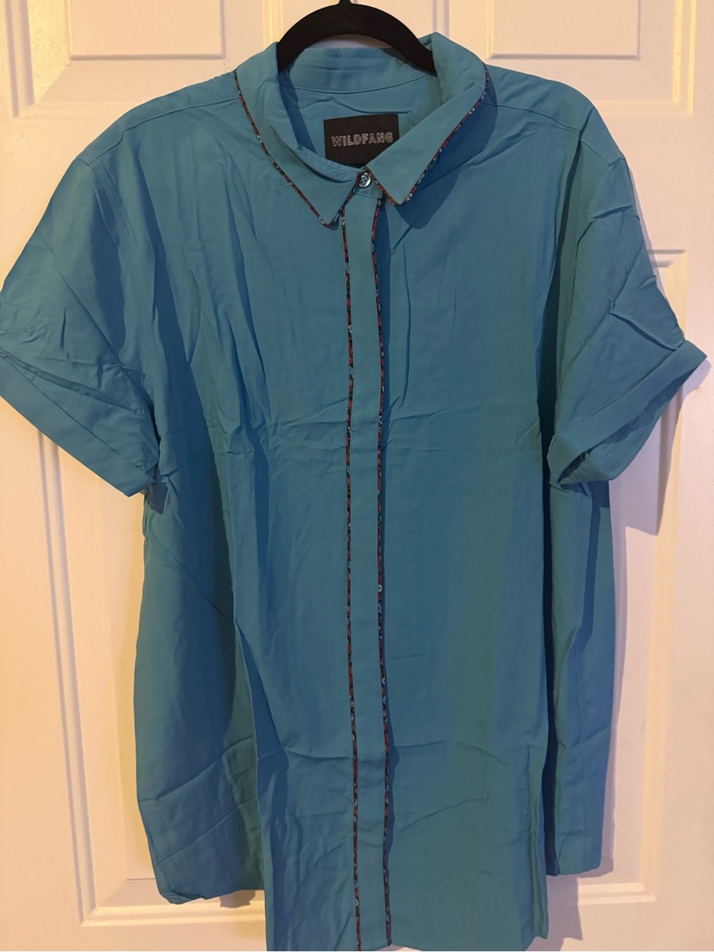 Wildfang Teal Button-Down Short Sleeve Shirt with floral Contrast Piping XL